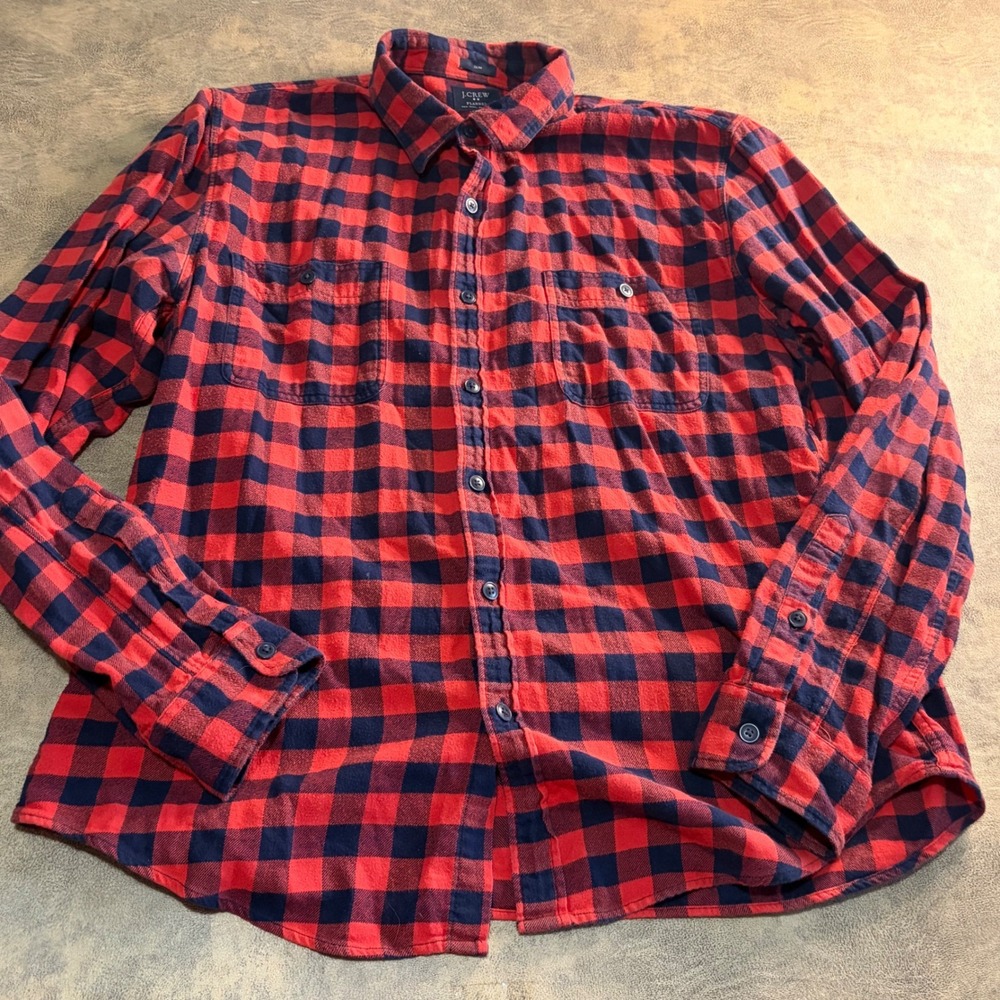 J.Crew Flannel Shirt Mens XL Red Navy Blue Slim Fit Buffalo Check 92937